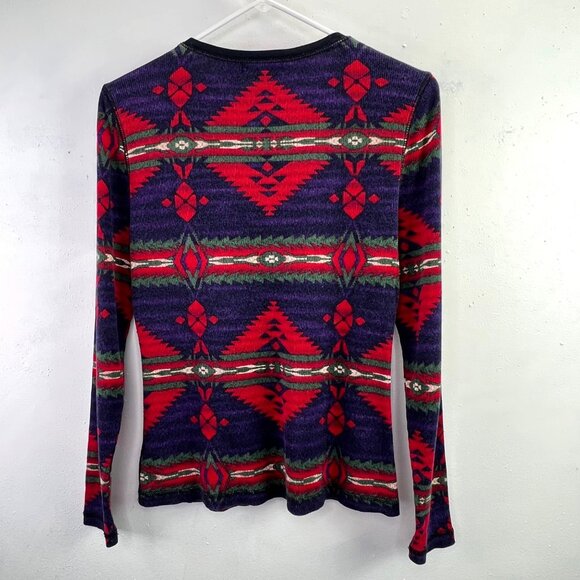 Y2K Chaps Henley Shirt S Thermal Waffle Knit Aztec Southwestern Blue Red - Picture 3 of 5